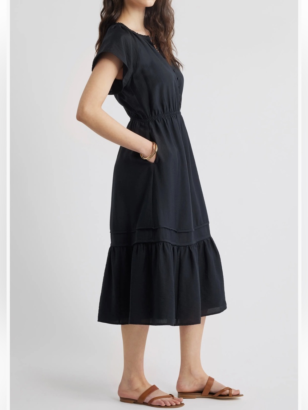 New Caslon Nordstrom Black Wide Sleeve Button Front Long Midi Dress XL